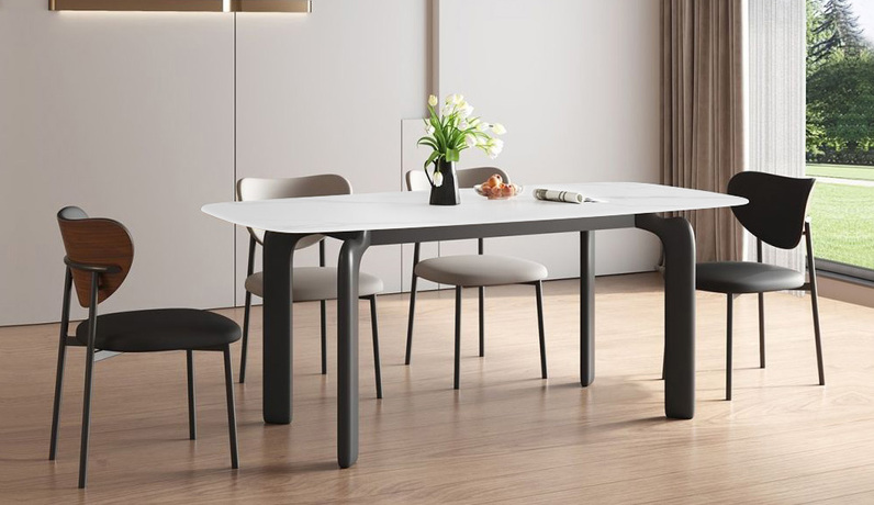 歌迪【热门推荐】极简风格 细腻温润雪山石哑光岩板 独特加宽加厚弓形桌腿 更强承重稳固升级 宽敞桌底空间惬意入座 人性化圆角防撞设计 钢琴烤漆碳素钢脚 1.4米 餐桌