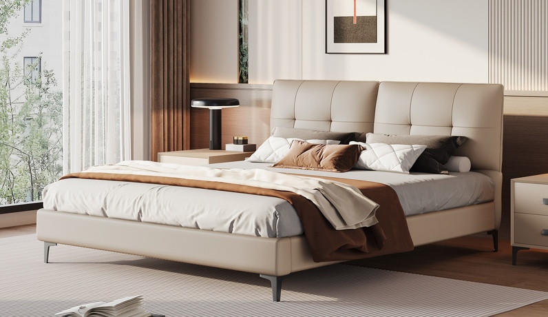 歌迪 极简风格 高定头层黄牛皮 高密度Q弹海绵双靠包 紧致有型柔弹释压倚靠舒适 井字拉点不跑位 精选优质俄罗斯落叶松实木框架 1.8*2.0米真皮床（搭配10公分松木排骨架）