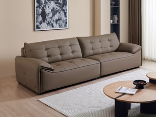  极简风格 黑巧云朵真皮沙发 纹理清晰进口头层牛皮 方块压纹设计 流线型分区靠背 浅咖色 四人位直排沙发（此产品有短途物流费）