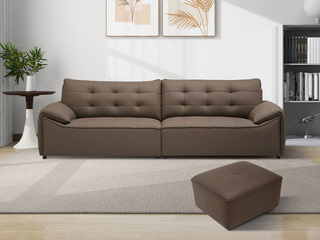  极简风格 黑巧云朵真皮沙发 纹理清晰进口头层牛皮 方块压纹设计 流线型分区靠背 浅咖色 四人位+脚踏 直排沙发（此产品有短途物流费）