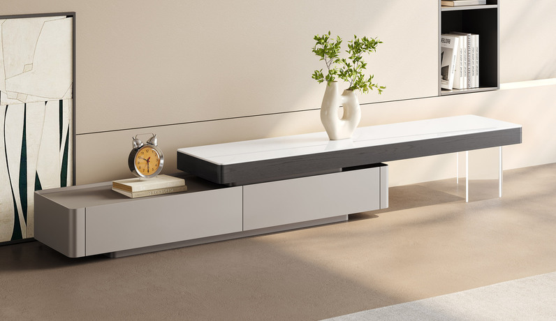 诺美帝斯 极简风格  晶莹透亮卡斯特白微晶石台面 纹理天然红橡木皮 可调节长度适配多种户型 时尚亚克力支撑脚  伸缩电视柜