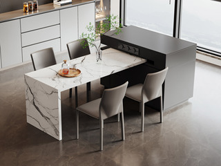  意式极简风格 旋转岛台餐桌  可90°旋转操作台 伸缩餐桌台面 双面大容量储物 电力导轨插座 岛台