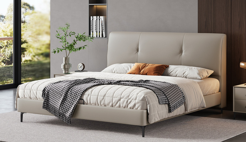 歌迪 极简风格 双线条软包床 高定头层黄牛皮 饱满高密度海绵 俄罗斯落叶松实木框架 1.5*2.0米床（搭配10公分松木排骨架）