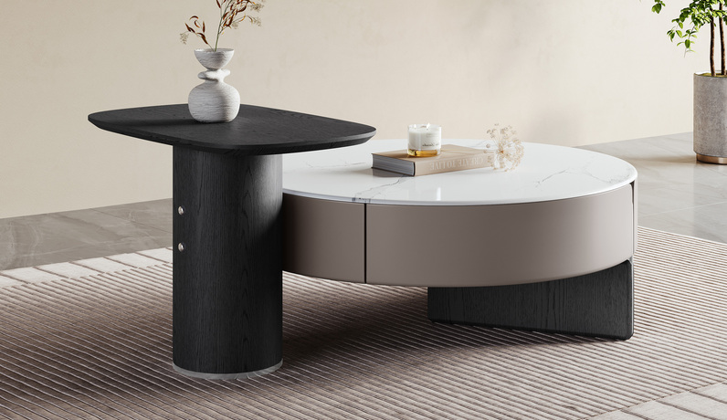 歌迪 极简风格 纹理均匀细腻微晶石 经典方圆黑白组合 大容量储物空间 易清洁高挑碳素钢脚 坚实稳固 茶几组合（此配置为整体茶几 无法拆分使用）