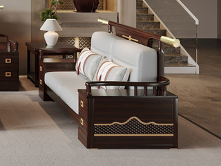  新中式 进口实木沙发 多抽屉储物扶手设计 细腻舒适猫抓皮 竖线拉点饱满靠背 雕花工艺 双人位沙发