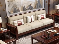 云柚居 新中式 进口实木沙发  自然清晰实木纹理 透气亲肤棉麻布 镂空靠背扶手 金色装饰线条 三人位沙发