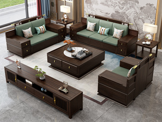  新中式实木沙发 甄选进口金丝檀+乌金木 典雅官帽设计 实木储物扶手 柔软舒适猫抓皮  乌金色 组合沙发 单人位+单人位+三人位（效果图为1+2+3 此配置为1+1+3）（抱枕花色随机）