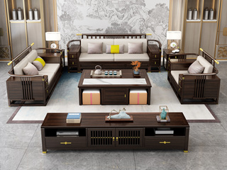  新中式实木沙发 甄选进口金丝檀+乌金木 典雅官帽+镂空鱼鳞纹设计 搭配耐磨猫抓皮软包   乌金色 组合沙发 单人位+单人位+三人位（效果图为1+2+3 此配置为1+1+3）（抱枕花色随机）