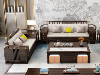  新中式实木沙发 甄选进口金丝檀+乌金木 典雅官帽+镂空鱼鳞纹设计 搭配耐磨猫抓皮软包   乌金色 组合沙发 双人位+三人位（抱枕花色随机）