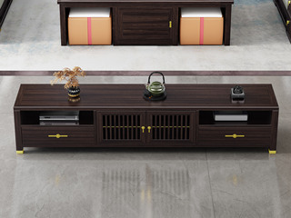  新中式 高品级金丝檀木+进口乌金木 多元化开放格储物+抽屉 格栅装饰柜门 乌金色 1.8米 电视柜