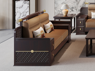  新中式实木沙发 甄选进口金丝檀+乌金木 设计感拼花纹理金线装饰 实木储物扶手 柔软舒适猫抓皮  乌金色 双人位沙发（抱枕花色随机）