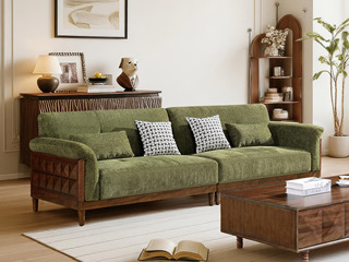  中古风 进口红斑马 柔软亲肤透气雪尼尔绒布 微曲花瓣形扶手 高密度高回弹海绵 大四人位直排沙发