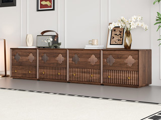  中古风 进口红斑马 质感柔润纹理自然 竖纹嵌合抽面造型 梅花格栅设计点缀 斗柜（四个组合柜）