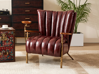  英伦风 教父椅 实心金属锻打锤纹肌理 结实稳固 搭配木质扶手 便捷雪茄托盘 厚实柔韧油蜡仿真皮 休闲椅