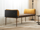 汉森庄园 英伦风 进口实木微雕工艺 设计感深浅光影变化 拼花软木皮 亲肤细腻绒布+高弹海绵舒适靠包 阿尔贝托雕塑金属高脚 贵妃榻