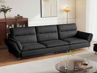  现代简约 真皮沙发 进口头层黄牛皮+高回弹高密度海绵+俄罗斯落叶松木框架 直排沙发 黑色 五人沙发