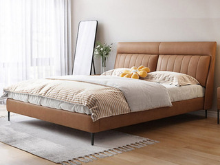  现代简约 奶油风 高定头层牛皮+高密度海绵+实木框架 槟榔棕 1.5*2.0米真皮床（搭配10公分松木排骨架 图片为布艺，此配置为真皮）