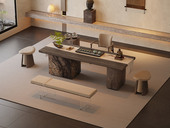 一方茶居 现代中式禅意极简 灵韵茶台 50MM加厚实木台面 威尼斯棕岩板全包裹实木板柜 茶台（不含茶盘）（超大件商品，请确认能否进入电梯或楼道）