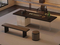 一方茶居 意式极简 悠然茶桌 开放黑加厚实木台面 黄洞石岩板包裹储物柜 亚克力脚架 全自动智能抽水茶艺炉 2.4米实木茶台（超大件商品，请确认能否进入电梯或楼道）