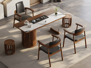  新中式 进口乌金木实木台面 熊猫白岩板装饰  清透亚克力+乌金木脚架 全自动智能养生炉 1.6米茶台