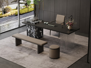  意式极简 全黑岩板台面+乌金石茶台 宝格丽黑岩板包裹储物柜 双层石头纹亚克力桌脚 全自动智能隐藏式茶艺炉 2.4米茶台（超大件商品，请确认能否进入电梯或楼道）