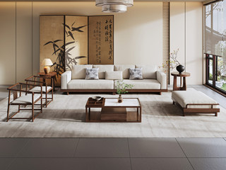  宋式美学 云雅沙发 高品级北美进口白蜡木 舒适透气棉麻布 坐深宽敞肆意躺卧 舒适靠背云感高弹座包 胡桃色 组合沙发 四人位+脚踏+休闲椅*2