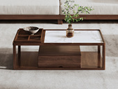 忆宋风华 宋式美学 高品级北美进口白蜡木 晶莹柔润雪山白哑光岩板 分区置物格有序收纳 双层开放大容量储物 1.4米 胡桃色 茶几