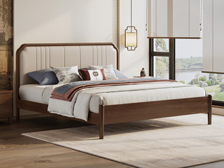  宋式美学 如意床 高品级北美进口白蜡木 细腻顺滑仿真皮 高屏床头优雅大气 稳固结实实木腿 胡桃色 1.5*2.0米卧室双人床（搭配松木床板条）