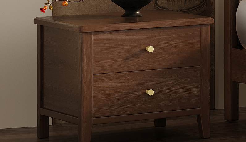 【全面升级】忆宋风华 宋式美学 高品级北美进口白蜡木 木质温润复古 经典双抽大容量储物 防尘归纳 精致点缀拉手 胡桃色 全实木 床头柜