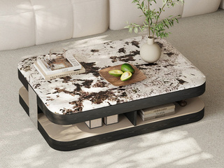  极简风格 妮欧娜茶几 雪山飞狐大理石 纹理细腻柔滑 肤感马鞍皮 开放式置物有序收纳 1.1米 茶几