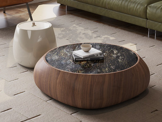  极简风格 海蓝宝石天然奢石 纹理细腻胡桃木皮 360°圆弧打磨防撞设计 可储物小角几 1.1米 茶几组合（天然石材，纹理随机）