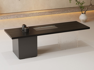  意式极简 悠然茶桌 开放黑加厚实木台面 钢琴烤漆储物柜 水波纹亚克力脚架 全自动智能抽水茶艺炉 2.4米实木茶台（桌面为整体，下单前需确认电梯和楼梯尺寸）