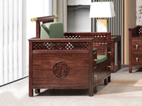 檀影轩 新中式 进口乌金木 纹理自然温润 亲肤透气棉麻布 镂空雕刻纹样扶手 围边防掉落 黑檀色 单人位沙发（抱枕花色随机）