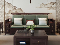 檀影轩 新中式 进口乌金木 纹理自然温润 亲肤透气棉麻布 镂空雕刻纹样扶手 围边防掉落 黑檀色 三人位沙发（抱枕花色随机）