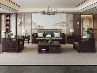  新中式 进口乌金木 纹理自然温润 亲肤透气棉麻布 镂空雕刻纹样扶手 围边防掉落 黑檀色 组合沙发 单人位+单人位+三人位（抱枕花色随机）