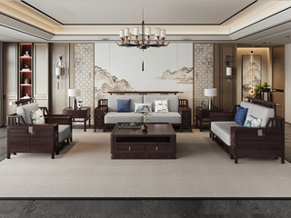  新中式 进口乌金木 纹理自然温润 亲肤透气棉麻布 “浮雕+嵌铜”装饰纹理 立体层次 五金铜套点缀 黑檀色 组合沙发 单人位+双人位+三人位（抱枕花色随机）