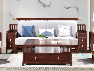  新中式 进口乌金木 纹理自然温润 亲肤透气棉麻布 “浮雕+嵌铜”装饰纹理 立体层次 五金铜套点缀 黑檀色 三人位沙发（抱枕花色随机）