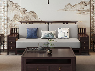  新中式 进口乌金木 纹理自然温润 亲肤透气棉麻布 “浮雕+嵌铜”装饰纹理 立体层次 五金铜套点缀 黑檀色 三人位沙发（抱枕花色随机）