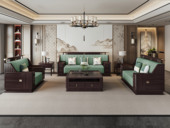 檀影轩 新中式 进口乌金木 纹理自然温润 舒适耐磨仿真皮 艺术几何回旋纹样 高弹饱满海绵 黑檀色 组合沙发 单人位+双人位+三人位（抱枕花色随机）