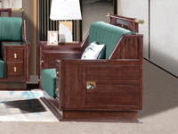 檀影轩 新中式 进口乌金木 纹理自然温润 舒适耐磨仿真皮 艺术几何回旋纹样 高弹饱满海绵 黑檀色 单人位沙发（抱枕花色随机）