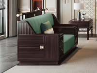 檀影轩 新中式 进口乌金木 纹理自然温润 舒适耐磨仿真皮 艺术几何回旋纹样 高弹饱满海绵 黑檀色 单人位沙发（抱枕花色随机）