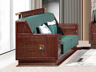  新中式 进口乌金木 纹理自然温润 舒适耐磨仿真皮 艺术几何回旋纹样 高弹饱满海绵 黑檀色 双人位沙发（抱枕花色随机）