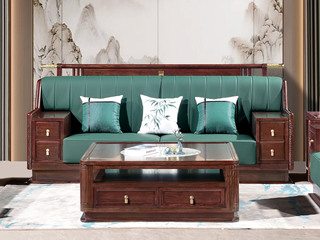  新中式 进口乌金木 纹理自然温润 舒适耐磨仿真皮 艺术几何回旋纹样 高弹饱满海绵 黑檀色 三人位沙发（抱枕花色随机）