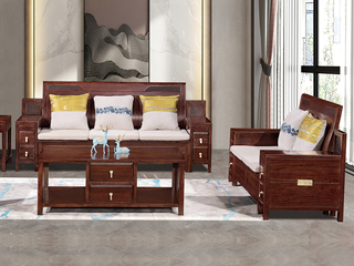  新中式 进口乌金木 纹理自然温润 舒适柔软棉麻布 镂空透气鱼鳞纹设计 层次立体金属浮雕纹理 黑檀色 组合沙发 双人位+三人位（抱枕花色随机）