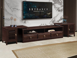  新中式 进口乌金木 纹理自然温润 实木伸缩电视柜 对称三抽设计 科学设计分区多元化储物 格栅柜门装饰 黑檀色 电视柜