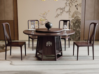 檀影轩 新中式 进口乌金木 纹理自然温润 传统鱼鳞纹镂空雕花工艺 格栅设计 黑檀色 1.6米 餐桌（搭配90公分转盘）