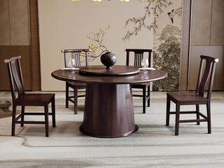  新中式 进口乌金木 纹理自然温润 圆柱型桌腿厚重沉稳 黑檀色 1.6米 餐桌（搭配90公分转盘）