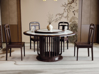 檀影轩 新中式 进口乌金木 纹理自然温润 细腻柔滑岩板 独特镂空竖线桌腿 五金装饰点缀 黑檀色 1.6米 餐桌（搭配90公分转盘）