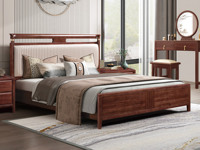 檀影轩 新中式 进口乌金木 纹理自然温润 细腻柔韧仿真皮 竖线条纹装饰 柔软高弹海绵 精致铜套点缀 1.5*2.0米 实木床（搭配松木床板条）