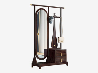  新中式 进口乌金木 纹理自然温润 雅致琵琶造型 多元收纳空间 实木穿衣镜+衣帽架一体组合 1.2米 衣帽架